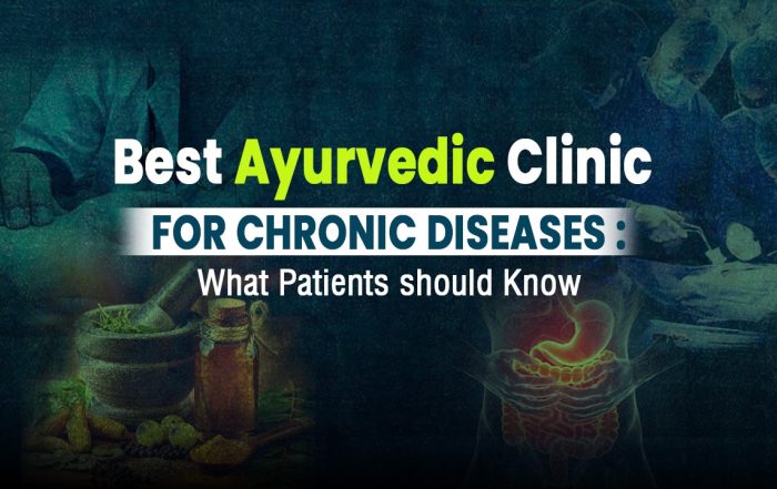 Best Ayurvedic clinic for chronic diseases banner showing herbal medicine, mortar and pestle, and digestive health illustration