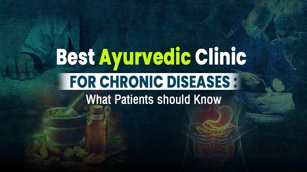 Best Ayurvedic clinic for chronic diseases banner showing herbal medicine, mortar and pestle, and digestive health illustration