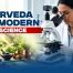 Ayurveda and modern science concept showing Ayurvedic herbs and a scientist examining samples under a microscope