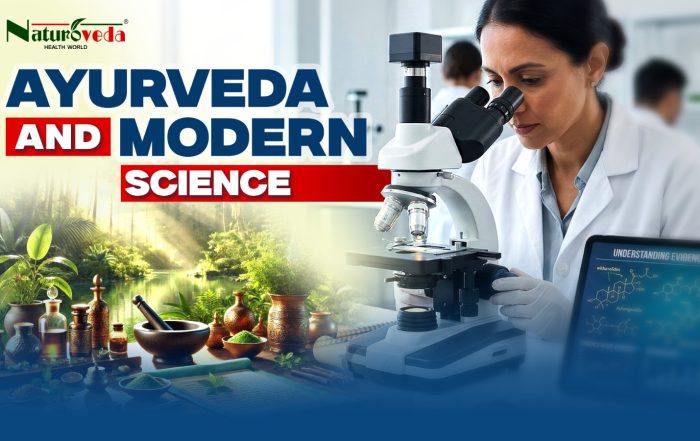 Ayurveda and modern science concept showing Ayurvedic herbs and a scientist examining samples under a microscope