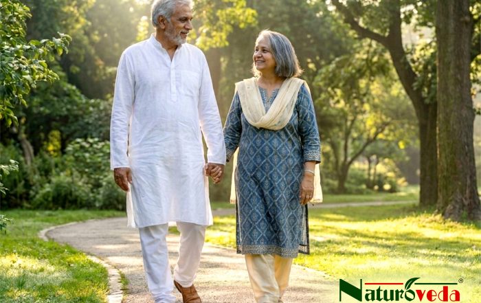 Senior couple enjoying a healthy morning walk in a park representing active lifestyle and Ayurvedic wellness for joint health.