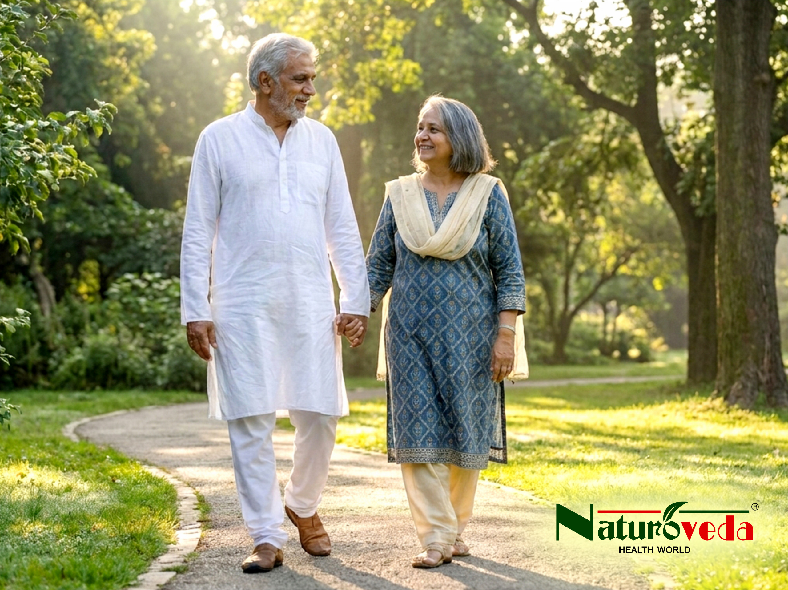 Senior couple enjoying a healthy morning walk in a park representing active lifestyle and Ayurvedic wellness for joint health.