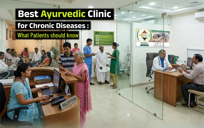 Best Ayurvedic clinic for chronic diseases banner showing herbal medicine, mortar and pestle, and digestive health illustration