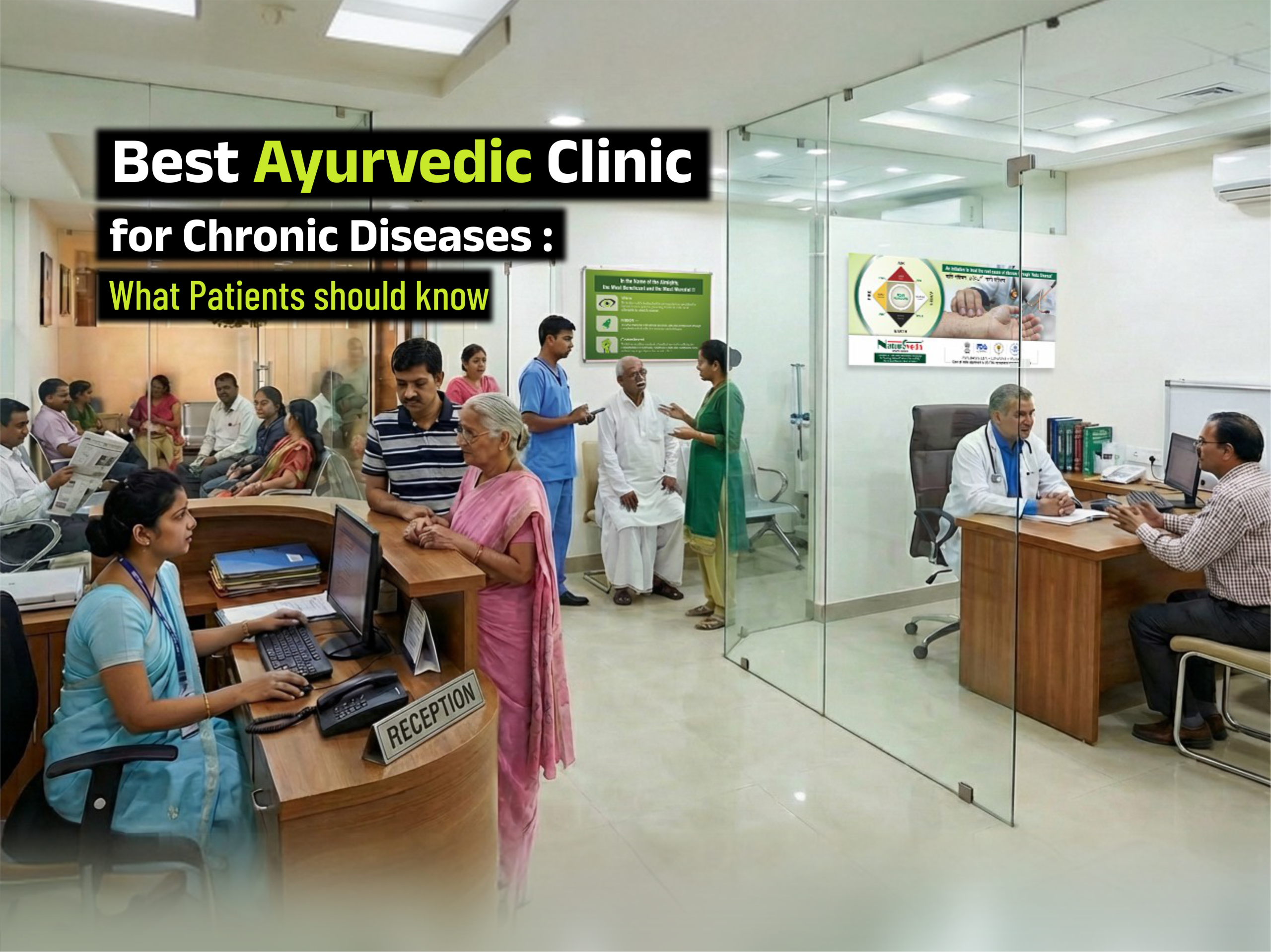Best Ayurvedic clinic for chronic diseases banner showing herbal medicine, mortar and pestle, and digestive health illustration