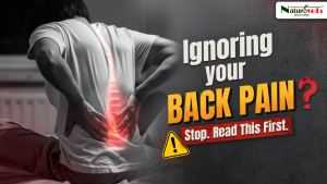 Health awareness banner about back pain, showing a person holding the lower back with a red pain highlight, warning symbol, and the message ‘Ignoring Your Back Pain? Stop. Read This First.’ with Naturoveda Health World branding